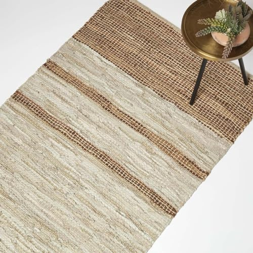 Homescapes Lederteppich braun beige gestreift 90x150 cm, Webteppich Braun-Töne aus Recycling-Leder & Jute