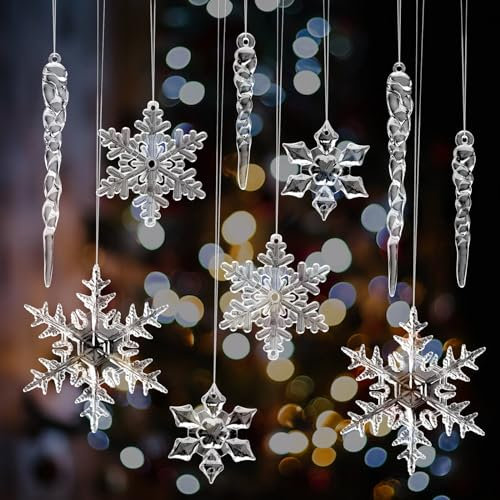 Feelhap Christbaumschmuck Eiszapfen Weihnachtsdeko Schneeflocken,47 Stück Acryl Eiszapfen Schneeflocke Eistropfen Anhänger,Weihnachtsbaumschmuck Eiszapfen Weihnachten Dekoration