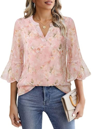 VALOLIA Tops for Women: 3/4 Length Sleeve Womens Tops - Blouses for Womens Casual - Dressy Shirts for Women Wedding Pink Embroidery Medium