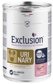 Exclusion Urinary Adult All Breeds umido cane MAIALE,SORGO e RISO,alimento dietetico per cani adulti di tutte le taglie con calcoli di struvite| 6 lattine da 400 grammi l’una