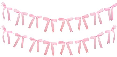 2pcs Pink Bow Garland Banner, Satin Ribbon Decorations for Coquette Theme Birthday and Bridal Shower Party Decor (Bow)