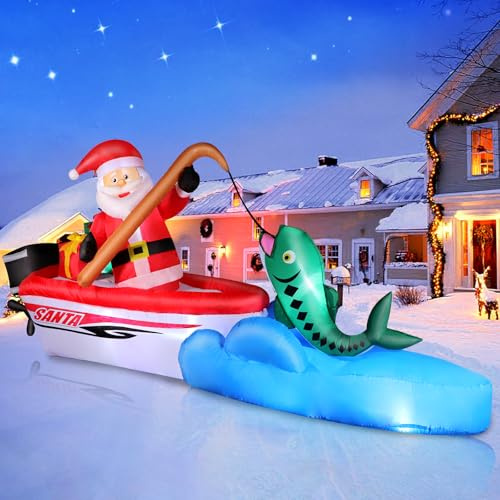 Omdekor 330CM Babbo Natale Gonfiabile da Esterno, Decorazione Natalizia Gonfiabile, 11FT Decorazioni Giardino con Luci LED Yacht, Figure Natal Gonfiabili per Giardino Cortile