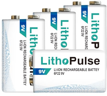 LithoPulse 4 Pack Rechargeable 9V Batteries 1200mAh for Cameras Home Security Devices 9 Volt Lithium-ion Long Lasting Batteries with 2-in-1 USB-C Charging Cable