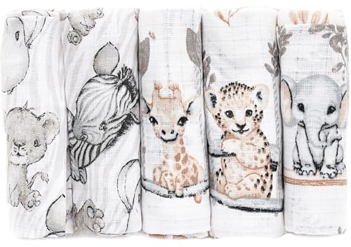FENSILO Spucktücher Mullwindeln 5er Pack 70x80cm Mulltücher Baby Stoffwindeln für Jungen und Mädchen Giraffe-Elephant