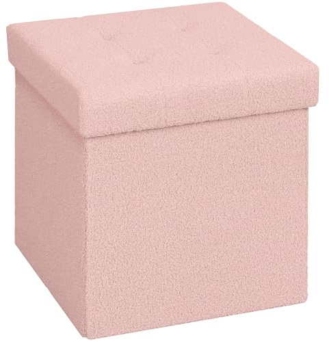 HOMCOM Foldable Ottoman Storage Box, Sherpa Fleece Storage Ottoman with 37.6L Capacity, Foot Stool for Living Room, Bedroom, 38 x 38 x 38 cm, Pink