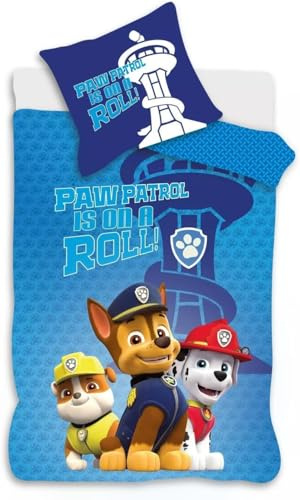 Paw Patrol Blue Cot Size Bedding Set | Duvet Cover 100x140 cm + Pillowcase 40x45 cm | 100% Cotton | Soft & Breathable Bed Linen for Baby or Toddler Bed | Fun Paw Patrol Puppy Design