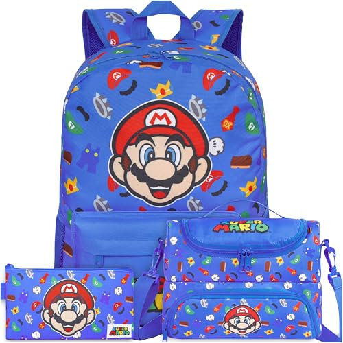 Get Trend Super Mario Boys Large Backpack Set 3 Pcs, 46cm School Bag | Lightweight Travel Rucksack with Pencil Case and Insulated Lunch Bag, School Supplies, Gifts for Boys (Blue/Multi Mario)