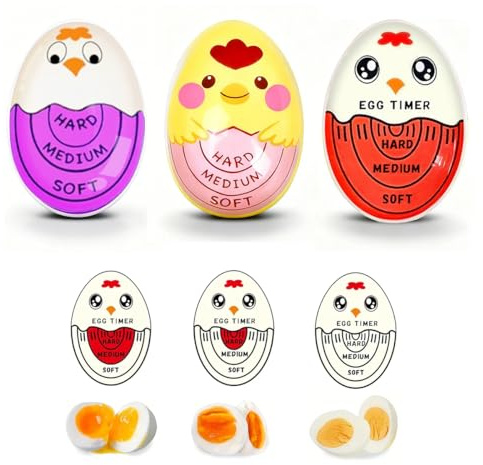 WWYSSZ 3 Pezzi Egg Timer Uova Sode, Timer Uovo con Cambio Colore, Indicatore per Cottura Uova (Morbido,Medio,Duro), Design Gallina Divertente, Riutilizzabili, per Famiglie, Bambini, Colazioni