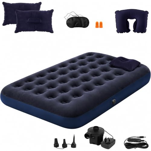 LYCN Camping Air Bed with Pump, Inflatable Air Mattress Bed with 2 Pillows and Full Travel Set, Thickened Portable Blow Up Mattress for Travel, Camping, Home Guest, Deep Purple (King Size)