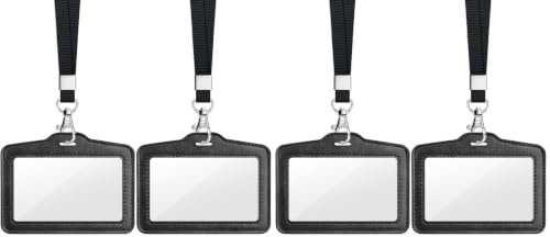 Teskyer 4 Pack Double Sided Clear Badge Holders - Faux Leather with Nylon Lanyard, ID Card Holder for Work/Oyster Card/Bus Pass, Business & Events, Horizontal (Black)