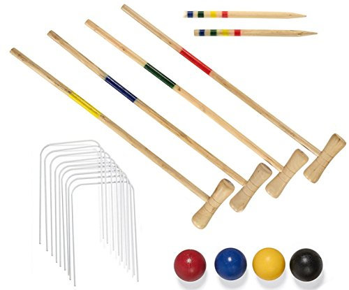 Ensemble de croquet en bois pour 4 joueurs – Jeu de jardin traditionnel pour enfants et adultes – Comprend des maillets, des balles, des cerceaux et des bâtons – Parfait pour s'amuser en famille, les
