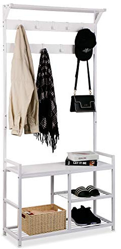Leader Accessories Hallway Coat Stand Industrial Coat Rack free standing Hall Tree with Shoe Bench 9 Hooks Metal Frame 33x12x71.5(L/W/H) White