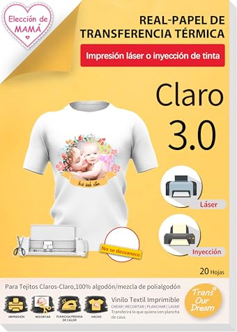 TransOurDream Real - Papel de Transferencia Fácil de Usar. Sin Impresión de Espejo A4x20 Hojas Papel Transfer Para Camisetas Blancas y Tejitos Claros Plancha Térmica Camiseta, ES-2-20
