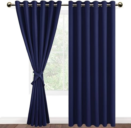 DWCN Navy Blue Blackout Curtains 90 x 90 Inch with Tiebacks for Bedroom Thermal Insulated Solid Eyelet Curtains for Living Room,2 Panels,90 Wide x 90 Drop