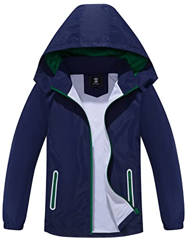 SaphiRose Kids Rain Jacket Waterproof Raincoat Mesh Lined Coat with Removable Hood for Boys Girls (Navy,8-9 years)