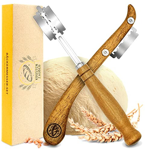 KRUSTENZAUBER Bäckermesser 2er Set [inkl. 20 Rasierklingen] - Teigmesser Set für gerade und geschwungene Schnitte - Ideale Brotklinge, Bäckerklinge, Teigritzmesser Lame, Brot Backen Zubehör