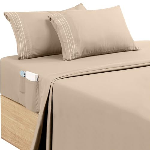 Utopia Bedding Bettlaken Set (4 Teilige, Beige), Polyester Mikrofaser, Oeko-Tex Zertifiziert, Spannbettlaken 180x200, Bettlaken 270x290, 2 Bestickten Kissenbezüge 50x75
