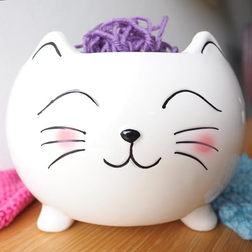 Cat Yarn Bowl for Knitting - Cute Ceramic Knitting Bowl Extra Large - Ceramic Yarn Bowl Crochet Accessories Yarn Holder Storage Gift for Knitters Funny