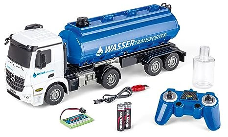 Carson 500907665 1:26 MB Arocs Wassertransporter 100% RTR - Ferngesteuertes Fahrzeug, Lastwagen mit Funktionen Licht und Sound, inkl. Batterien und Fernsteuerung, 60 Minuten Fahrzeit, Blau