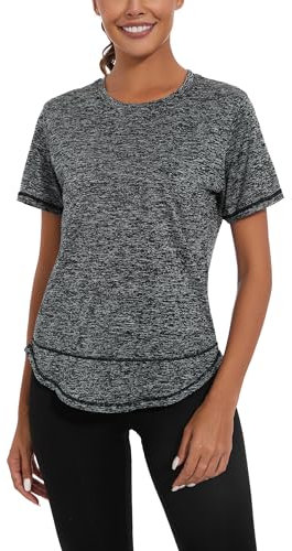 Women's Gym Tops Ladies Workout Running T-Shirt Activewear Gym Yoga Sports Top Loose Crew Neck Quick Dry Short Sleeve Tee Shirts Dark Grey