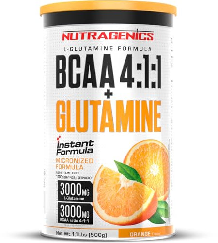 Aminoacidi ramificati BCAA 4.1.1 - Con Glutammina - 500 g - In deliziosi gusti - Aminoacidi BCAA - Aminoacidi in Polvere - Arricchito con Glutammina - NUTRAGENICS (500 g, Arancia)