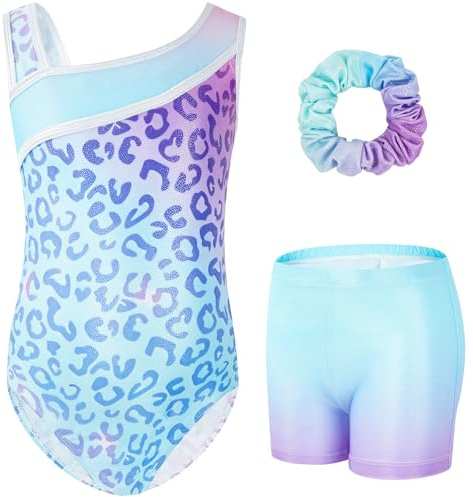 Gogokids Tredelade gymnastiktrikåer för flickor, set med ärmlös trikå, shorts och hårband, glittrande balettdräkter, dansdräkter, gymnastikdräkt med tonad färgdesign, för 3–12 år