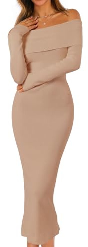 MEROKEETY Women's Winter Off Shoulder Bodycon Sweater Dress 2026 Spring Formal Long Sleeve Elegant Club Party Midi Dresses, Khaki, X-Large