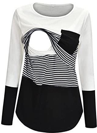Jumpers for Women UK Long Sleeve Breastfeeding T-Shirt Round Neck Stripe Patchwork Pregnant Nursing Blouse Breast Feeding Pregnant Tops T-Shirt Pregnancy Clothes