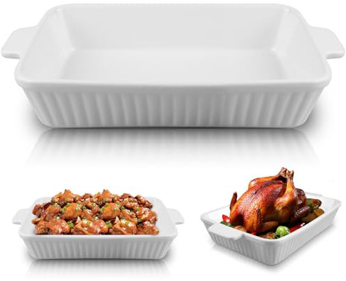 Pirofila grande in ceramica, 35 cm, teglia da forno grande, per lasagne, casseruole, tiramisù, rettangolare, antigraffio, bianco