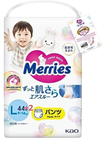 MERRIES Japanese Pants, L, 9-14 kg, 44 + 2 pcs. - Ultra-Soft, Breathable Baby Diapers for Sensitive Skin - Leak-Proof, Newborn & Infant Protection, Super Absorbent