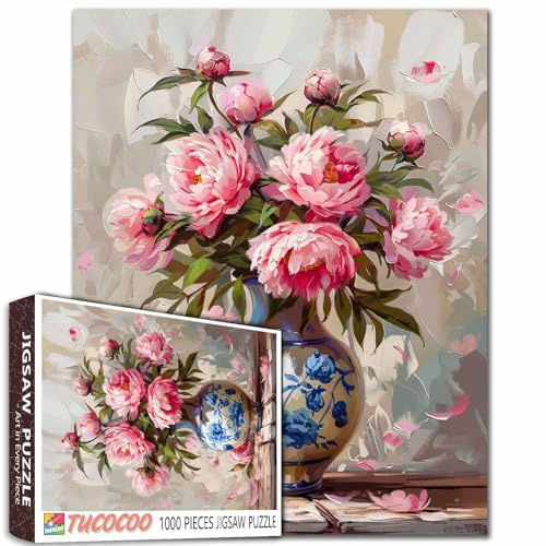 Bouquet d'huile de céladon – Puzzles de fleurs pour adultes – 1 000 pièces – Puzzle de fleurs colorées – Puzzles artistiques – Pivoine rose – Peinture de vase de style chinois – Puzzle de peinture