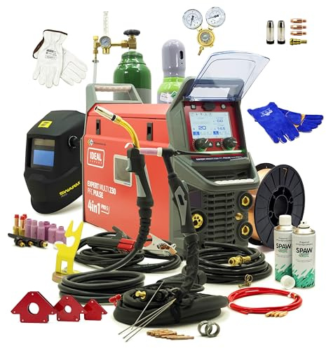 IDEAL Expert Multi 230 PFC Pulse 4in1 Pro5 Set - Kombi Schweißgerät Inverter WIG AC/DC MIG MAG mit Schutzgasflasche, Reduktor, Zubehör & Pulsfunktion, Synergisch 230A für Aluminium Stahl Reparaturen