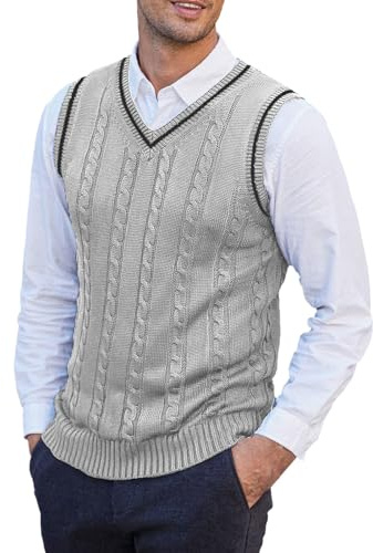 Stickad herrtröja väst, klassisk kabelstickad ärmlös pullover, v-ringad mjuk stickad väst, lätt stretchig jumper väst för män, ribbad fåll retro stickade kläder