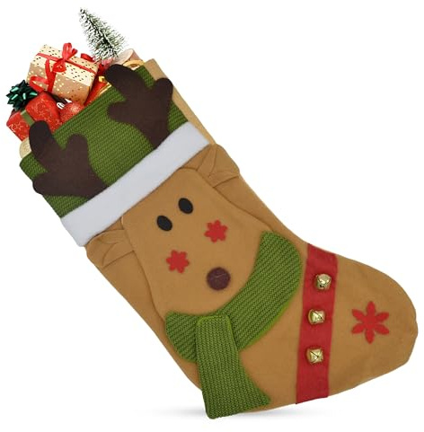 AKEDE 18 Classic Christmas Stocking, Big Size Christmas Stockings With A Stitched Cuff And 3 Jingle Bells Attached For Christmas Decoration, Party Decoration And Party Accessory Pack Of 1 (Reindeer)