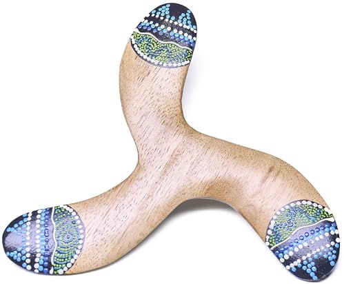 Australian Treasures Boomerang, himmelsblå, 3-blad, aboriginal design, 22 cm, stabil plast, lämplig för nybörjare