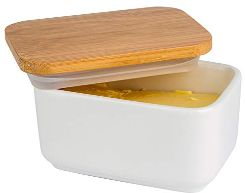 Arswin Porcelain Butter Dish with Bamboo Lid, Ceramic Butter Keeper Container for Countertop or Refrigerator, Heat Resistant Kitchen Butter Storage Dish, White (300ml)