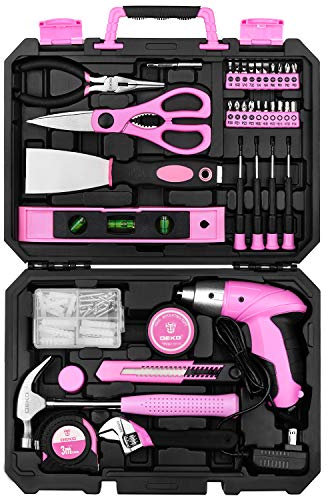 DEKO Juego de herramientas de 98 piezas, color rosa, kit de herramientas de mano general para el hogar con caja de herramientas de plástico
