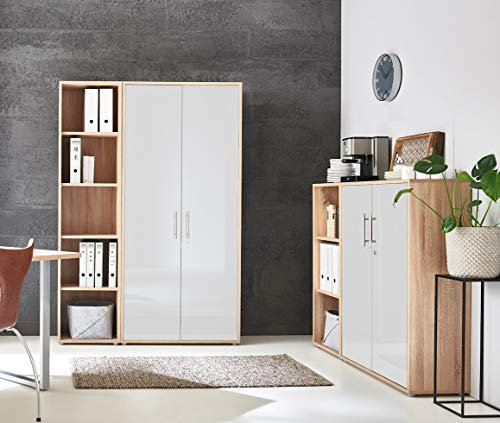 Schrankwand TABOR 4 Büroregal Aktenschränke Büroschrank abschließbar in diversen Farbvarianten (Sonoma Eiche/weiß Hochglanz)