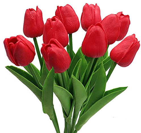 10 fausses fleurs de tulipes en soie, bouquet de fausses tulipes rouge clair pour mariages intérieurs et extérieurs, décoration de fête (rouge)