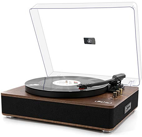 LP&No.1 Record Player with Stereo Speakers, 3-Speed Belt-Drive Turntable for Vinyl Records with Wireless Playback and Auto-Stop,Walnut Wood