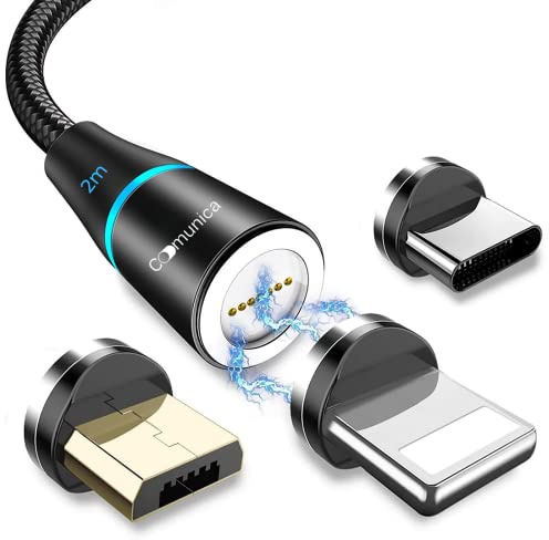 Cavo USB Type-C 2 Metri – Cavo Ricarica Rapida Type C e Cavo Micro USB 2 Metri Magnetico 3A in Nylon Intrecciato con 3 Calamite Universali – Compatibile, Connessione 360° – No trasferimento Dati