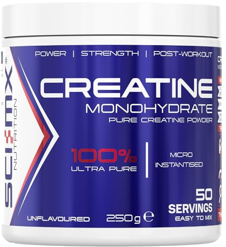 SCI-MX Creatine Monohydrate Powder • 250g • 100% Ultra Pure Micro-Instantised Creatine • Easy to Dissolve & Unflavoured • Supplement for Strength, Power & Performance • Vegan • for Men & Women