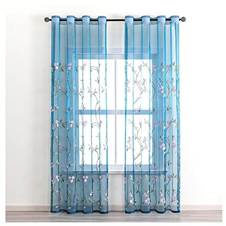 Vorhänge 2er Set, Fenstergardinen Lang Polyester Stickerei Dekorative Vorhänge für Wohnzimmer 132x214cm Blau