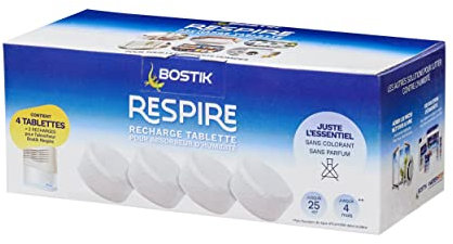 BOSTIK RESPIRE 4 Nachfülltabs je 250 g für Luftentfeuchter, Farbstoff- und Parfümfreie Tabs für Haus, Wohnung und Wohnwagen, für Räume bis 25m², 4x250g Nachfülltabs für Luftentfeuchter