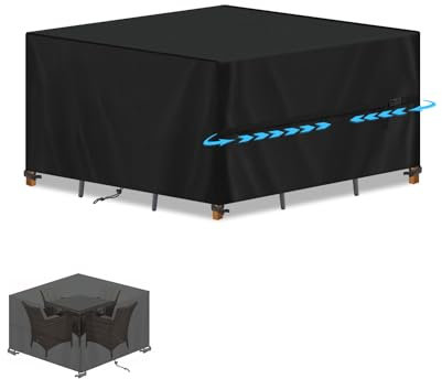 SIMPHAUS Housse de table de jardin carrée imperméable et anti-UV pour table à manger et chaises en rotin avec cordon de serrage - 140 x 140 x 90 cm