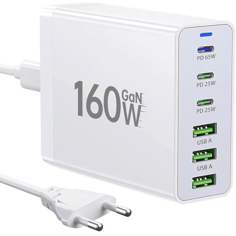 Caricatore USB C, 160 W, GaN 6 porte, stazione di ricarica multipla, caricatore rapido PD USB C, compatibile con iphone 12/13/14/15 serie, MacBook Pro/Air Samsung Galaxy S23/S22/S21
