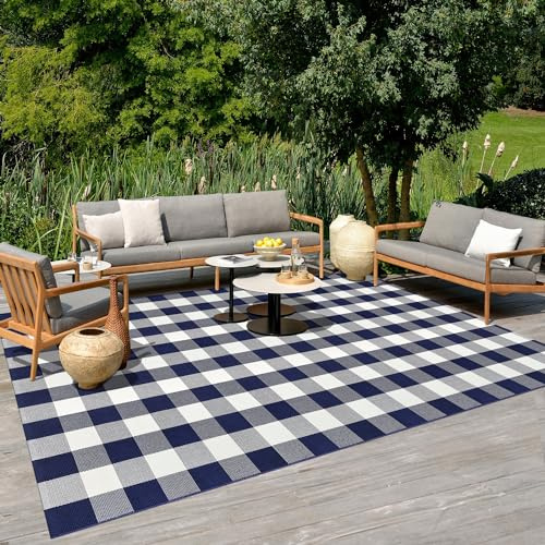 Aoczes Groß Baumwollteppich Waschbar Flachgewebe Teppich Wohnzimmer 150x240 cm Kurzflor Teppich Büffel Plaid Baumwolle Gewebt Marineblau Weiß Kariert Indoor Outdoor für Esszimmer Schlafzimmer