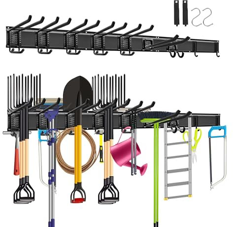 Mimoke Soporte de pared para herramientas de garaje y jardín, 3 rieles, configuración de gancho versátil, 122 cm de longitud total, resistente, para herramientas de jardín y herramientas eléctricas
