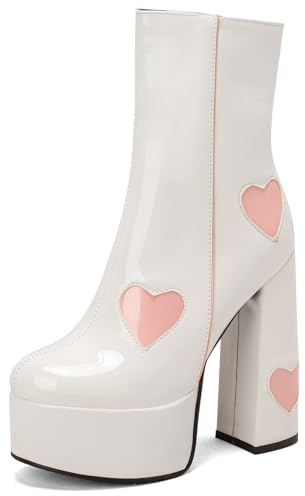 Bviennic Femme Bloc Bottes avec Plateforme Talons Hauts Bottes de Cheville Mode Robe Bottines Bout Rond Zip, Z47993Wt Blanc Taille 38 EU/39Cn