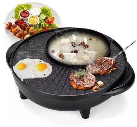 Parrilla De Barbacoa Coreana Shabu Sin Humo 1700W Parrilla De BBQ Eléctrica 2 En 1 Y Olla Caliente Con Perilla De Control De Temperatura Ajustable Para Cocer A Fuego Lento, Hervir, Freír, Roas(L)